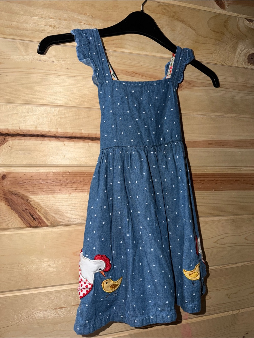 Girls' Denim-Blue Polka Dot Sundress with Chicken Appliqués 3-4T